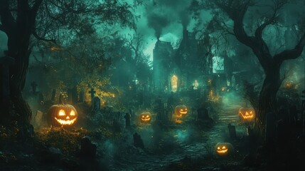 Enchanted Halloween Forest Landscape with Carved Pumpkins