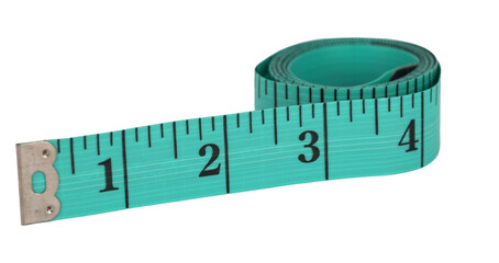 Tape measure green color. Transparent PNG. Concept of metrics, health and clothing