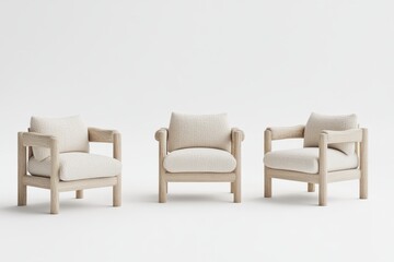 A modern and minimalist chair display in a clean, white background. The chairs are made from light