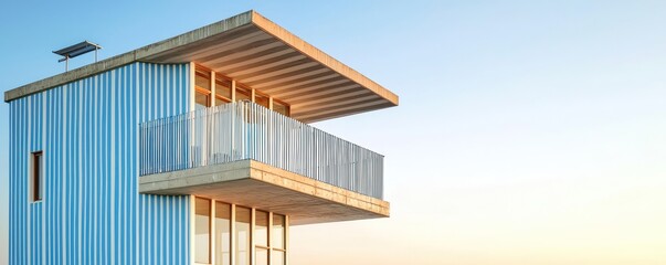 Fototapeta premium A coastal bird-watching tower designed with blue and white striped fiber cement siding, mimicking the appearance of the sky and sea to blend into the environment