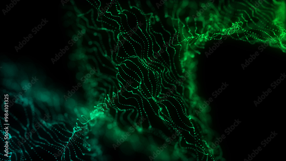 Leinwandbilder Music wave of particles. Big data visualization. Abstract green background with a dynamic wave. 3d rendering.