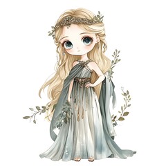 Fototapeta premium Adorable Anime Girl in Flowing Green Dress with Floral Crown.