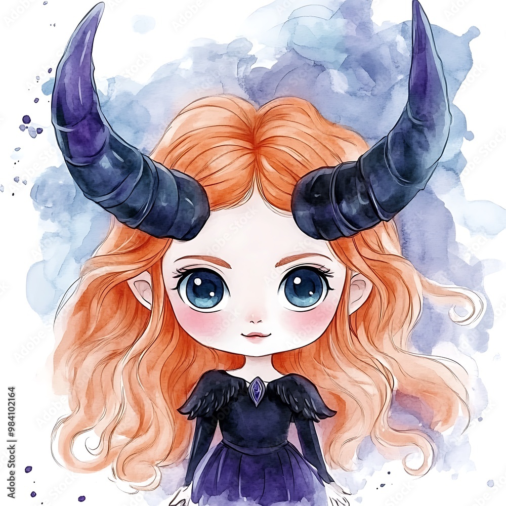 Wall mural Watercolor Illustration of a Cute Girl with Horns and Wings.