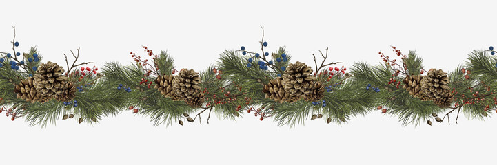 Fototapeta premium Pine fluffy branches and cones on a Christmas garland. Watercolor digital illustration. Horizontal seamless border of coniferous tree branch, red winter berries and blackthorn, isolated on background