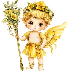 Fototapeta premium Watercolor illustration of a cute little angel girl with golden wings and a flower crown.