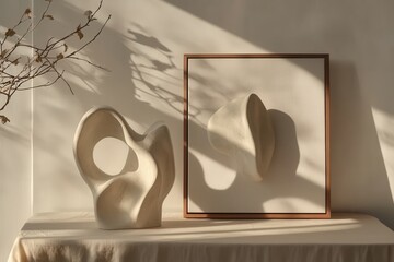 A modern, minimalistic table scene featuring two abstract sculptural art pieces beside a wooden