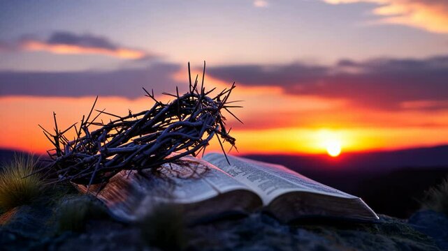 Crown of thorns, silhouette and dramatic on Bible at sunset for Easter or Christian faith symbolism. Crucifixion, spiritual or religious imagery for worship, meditation or church video production