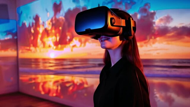 A person wearing a virtual reality headset stands in a vibrant room filled with projected sunset imagery. The experience immerses them in a stunning digital environment.