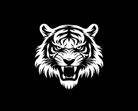 Tiger head vector illustration in black and white, tiger logo icon silhouette tattoo t-shirt design