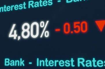 Falling interest rate, interest rate cut by the central bank. Boost for the economy. Lower interest rates for loans and savings accounts.