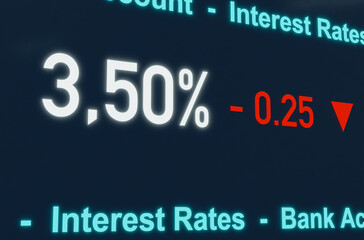 Fototapeta premium Falling interest rate, interest rate cut by the central bank. Boost for the economy. Lower interest rates for loans and savings accounts.