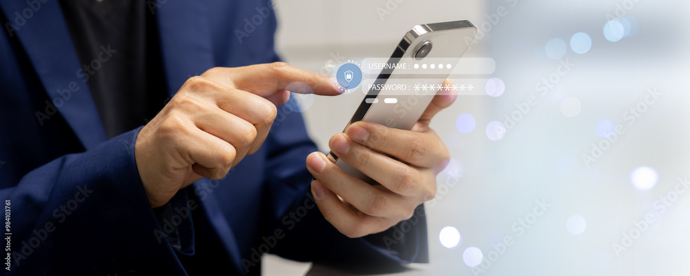 Wall mural executive businessman hand type smartphone to access account on private account on internet by input