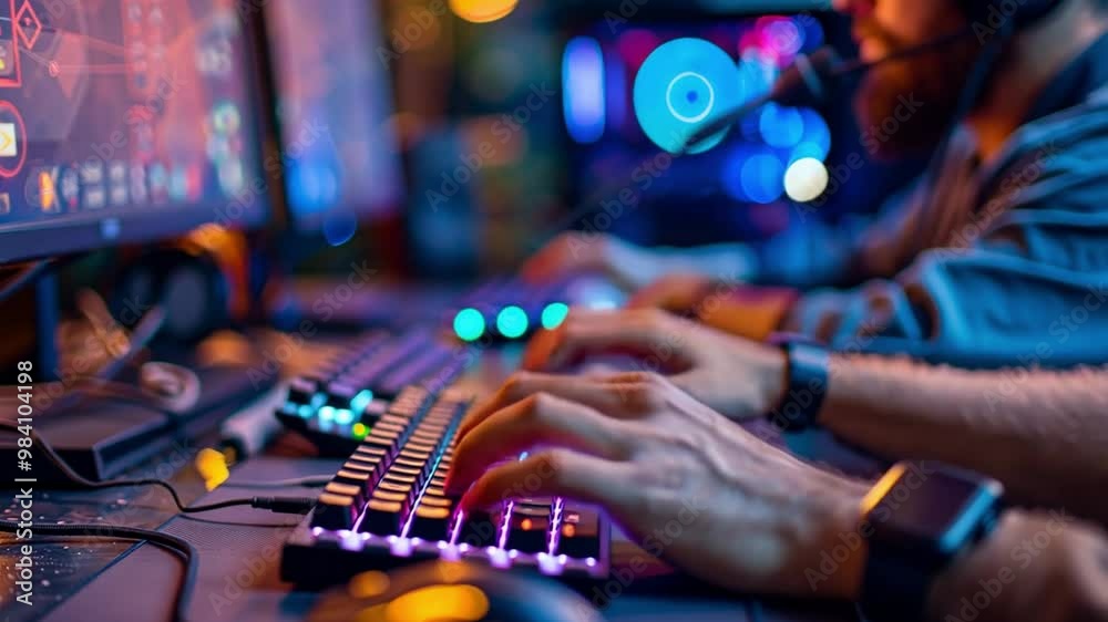 Poster two gamers concentrate on their gameplay during an evening event, illuminated by vibrant screens and