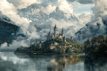 Fairy tale castle on the lake surrounded by mountain peaks. Ai Generative