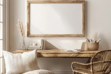 A natural, rustic office space featuring a wooden desk with a chevron pattern and a wicker chair