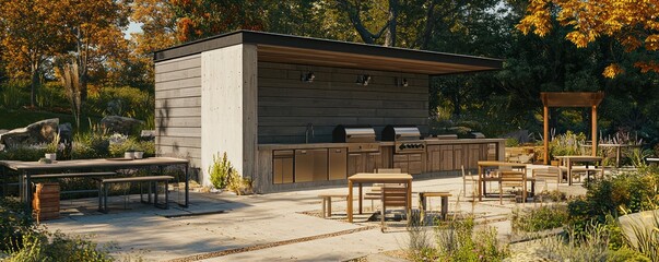 A community outdoor kitchen in a public garden, clad in stain-resistant and fireproof fiber cement siding, fostering social interactions and community dining