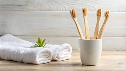 Bamboo toothbrushes in cup with white towels