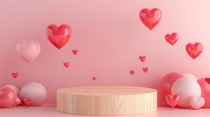 Light wooden round platform surrounded by soft pink hearts and bubbles on a pastel pink background, evoking a playful and romantic vibe, ideal for Valentine's Day displays.