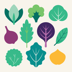 A collection of vibrant, hand-drawn illustrations featuring various types of leafy greens, perfect for adding a touch of nature to your designs. These whimsical illustrations are ideal for projects.