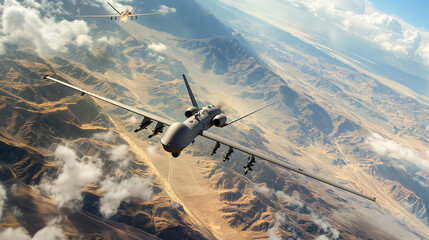 Military drones flying over a desert landscape for reconnaissance and combat missions.