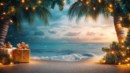Obraz premium Tropical Christmas setting with a decorated palm tree wrapped in festive lights and presents on the sandy beach under a deep blue evening sky