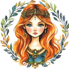 Obraz premium Watercolor Illustration of a Beautiful Young Woman with Long Red Hair, Wearing a Crown and Jewels, Surrounded by Greenery.