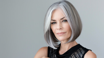 Fototapeta premium Mature woman with stylish gray bob haircut posing confidently on a light background.