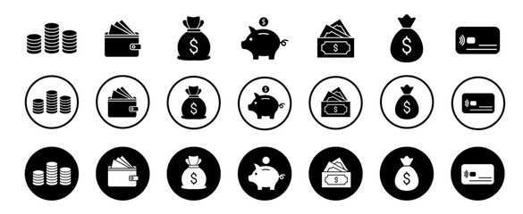 Money icons set. Cash icon set. Money bag icon. Money sign and symbol. Finance icons. Vector illustration.