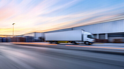 Obraz premium Motion blur of a cargo truck distributing goods from a logistics distribution warehouse. Ai generate.
