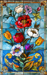 Vivid Victorian Stained Glass Florals: High-Contrast Gouache Chromolithography Illustration from 1845-1895, Clean Vector Art, Centered with 50% Margin