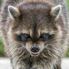 Close-up of a raccoon with intense eyes and detailed fur, showcasing its natural beauty