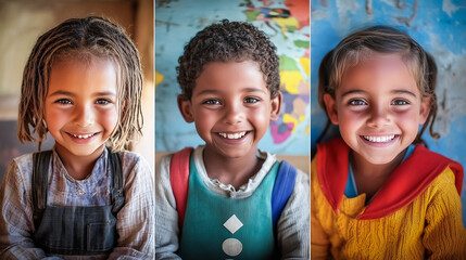 A collage of children from different ethnicities, standing in front of a world map, illustrating the diversity in global school systems.