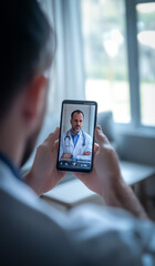 A virtual doctor consultation taking place on a smartphone, highlighting the convenience of telemedicine and remote healthcare, with the doctor’s image displayed on the screen.