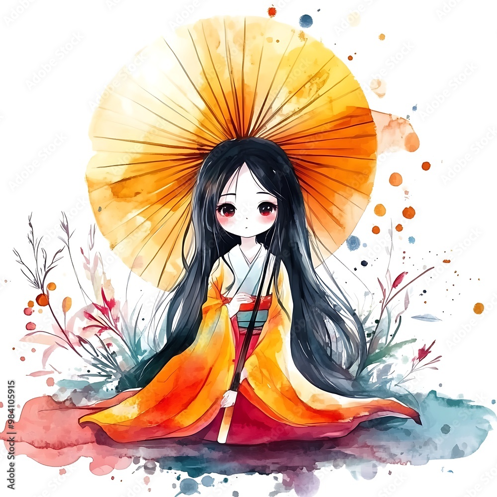 Poster Watercolor Illustration of a Young Woman in a Traditional Japanese Kimono with an Umbrella.