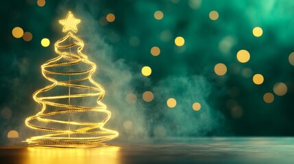 Modern minimalist neon Christmas tree outlined in glowing yellow light on a green background, standing alone with a star at the top