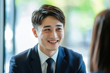 A Japanese businessman in a suit is talking to a female employee, both with smiling faces and cheerful expressions, in an office setting. The image is a wide shot with high-resolution photography