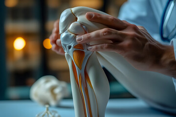 Doctor demonstrated problems with knee joints using a model.