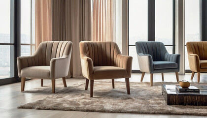 Set of upholstered fabric armchairs standing by the window in the hall. Furniture collection. Beige tones. Hotel interior design concept template.