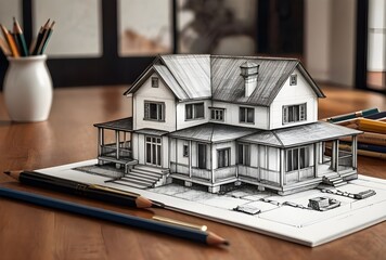 House architecture concept featuring a pencil sketch of a house on white paper placed on a table.