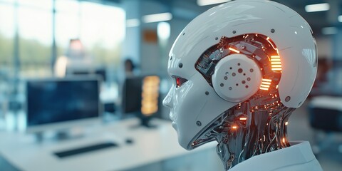 AI Robot Working in a Futuristic Office Environment