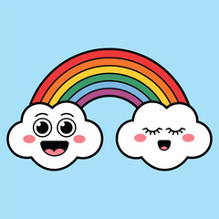 Cute happy clouds with rainbow cartoon illustration