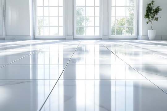 White tile floor with grid line and shiny reflection with clear glass door in perspective view, clean and new condition use to background