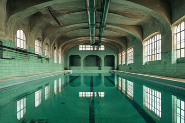 Fototapeta premium A deserted vintage indoor swimming pool with green tiles and arched ceilings evoking an eerie and nostalgic ambiance
