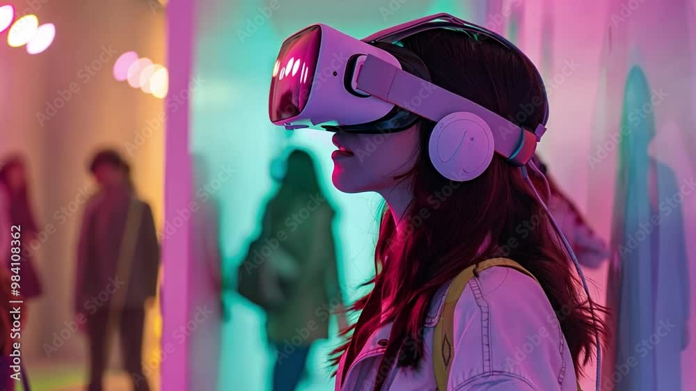 Poster a person wearing a virtual reality headset and headphones engages with a digital experience in a vib