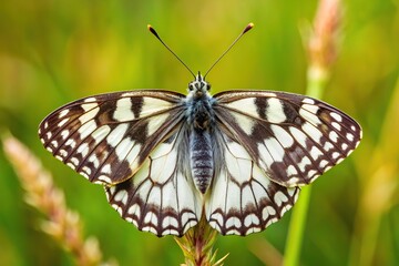 Obraz premium Beautiful asymmetrical marbled white butterfly in nature