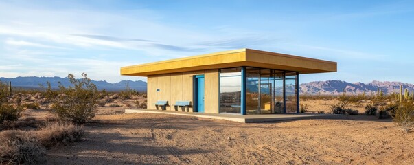 Obraz premium A desert rest stop with highly reflective, heat-resistant fiber cement siding, offering shelter and comfort in extreme climatic conditions