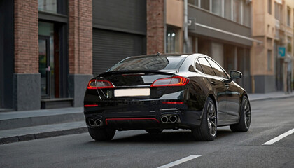 Modern black passenger car with luminous taillights on city street.