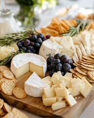 A beautifully arranged cheese platter with fruits, crackers, and herbs for a gathering.