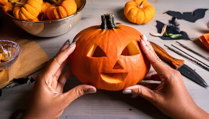 hands carving a jack-o'-lantern for halloween preparation