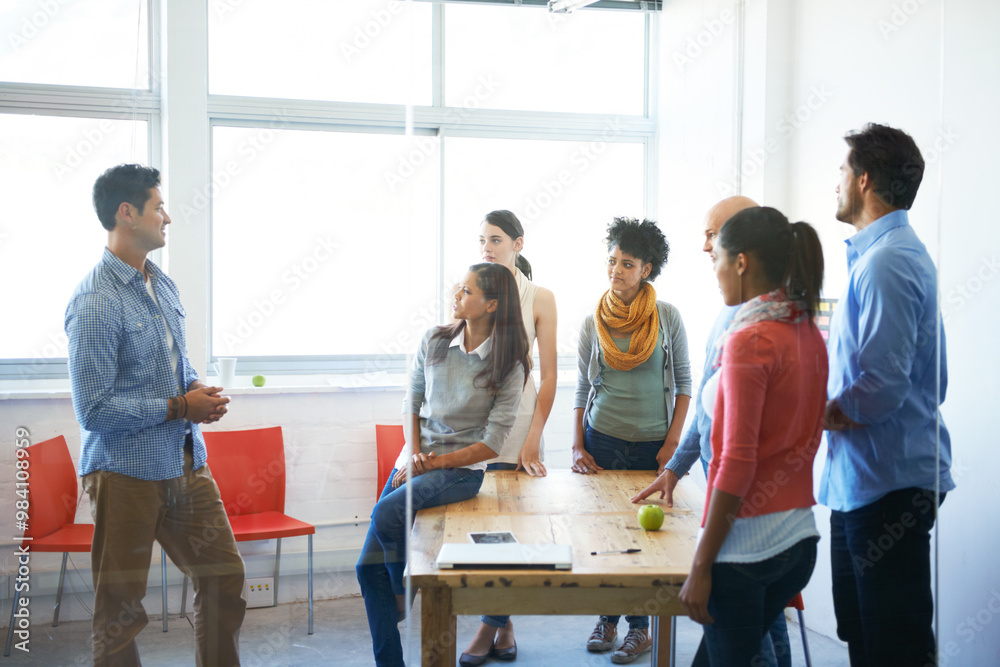 Poster Business people, group and workshop meeting in office for team building, questions and conversation. Professional, happy employees and diversity collaboration with speaker in boardroom for discussion